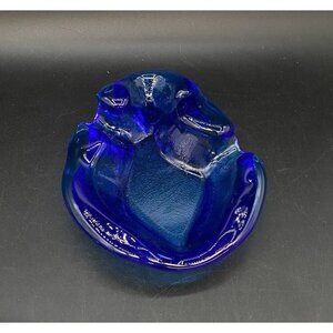 Rainbow Art MCM Heavy Art Glass Cobalt Blue Large Ashtray Dish
